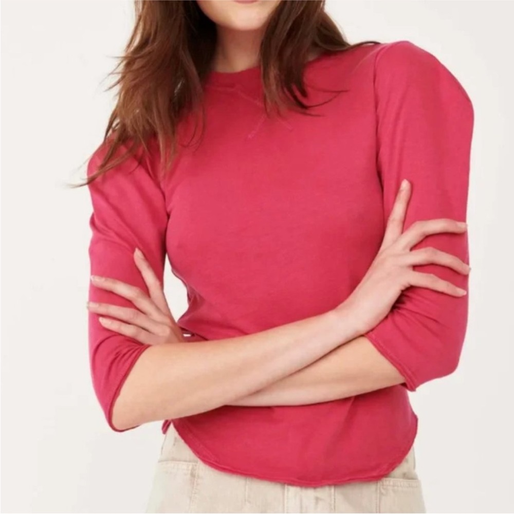 Free People We The Free Pink Puff Shoulder Cotton Top Size L